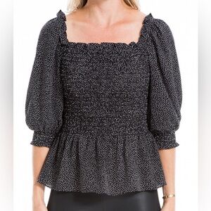 Max Studio Black Polka Dot Smocked Peplum Blouse Size M Puff Sleeve Top